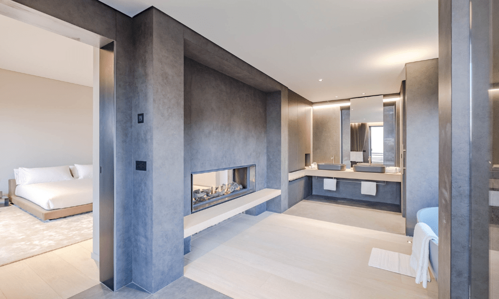 Spa-style bathroom with marble and elegant fixtures